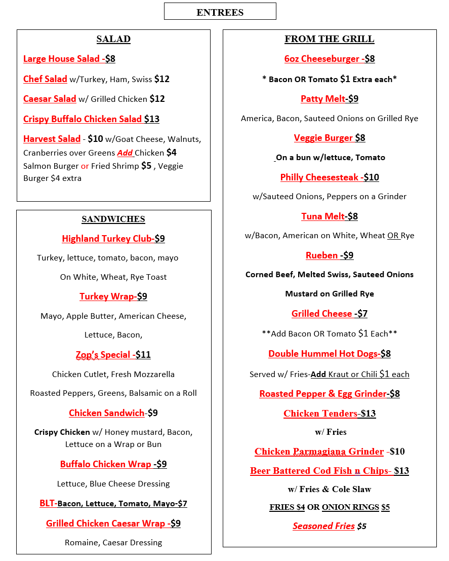 New Menu TO HIGHLAND GOLF CLUB